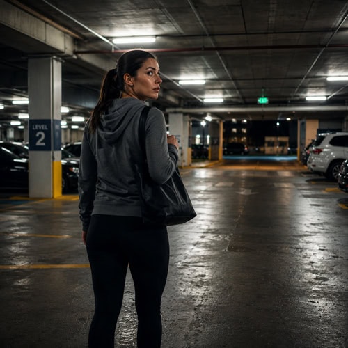 A person glancing over their shoulder in a parking garage