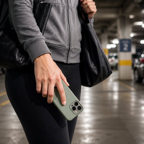 A person holding a phone screen-down while staying aware in a parking garage