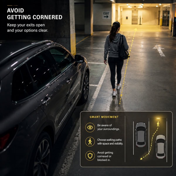 A person walking away from a vehicle toward a brighter safe area in a parking garage