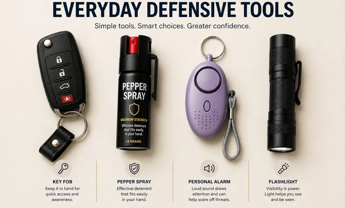 Everyday defensive tools including a key fob, pepper spray, personal alarm, and flashlight