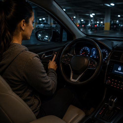 Driver locking the car door immediately after getting inside at night