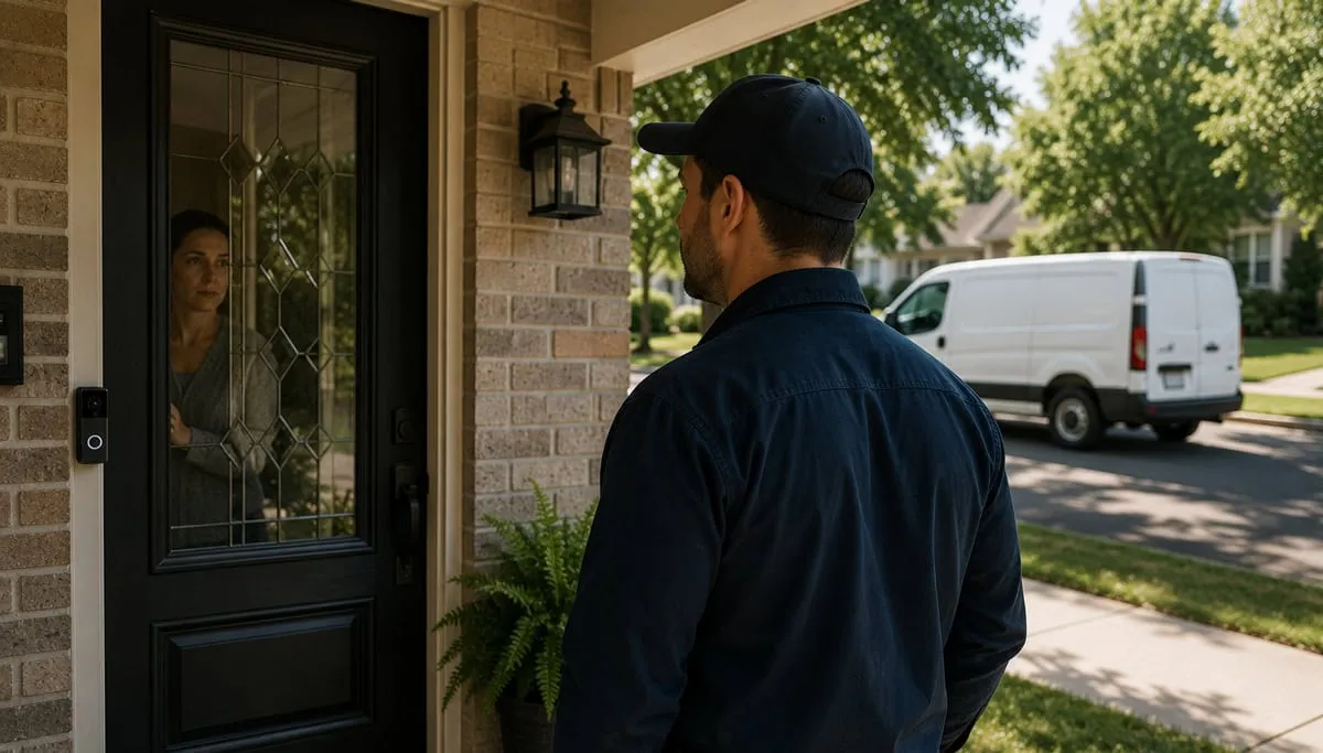 A suspicious utility worker waits outside a closed front door.