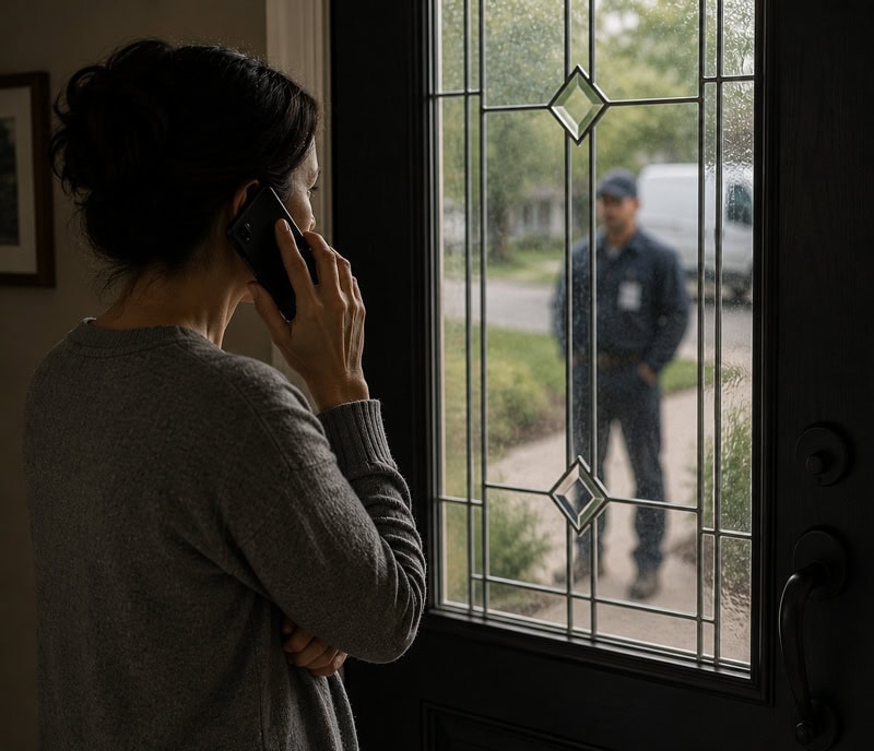 Homeowner on the phone inside the house while the utility worker waits outside the closed front door.
