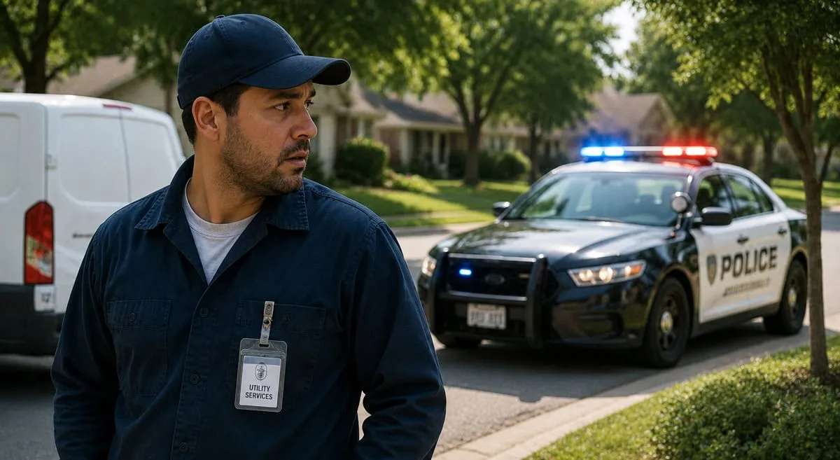 A concerned utility worker near an unmarked van as a police car pulls up nearby.