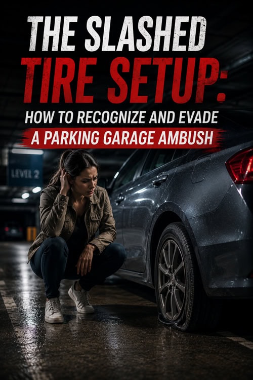 A concerned woman beside a flat tire in a dim parking garage, with the title The Slashed Tire Setup.