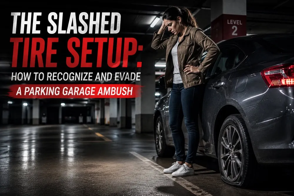 A concerned woman beside a flat tire in a dim parking garage, with the title The Slashed Tire Setup.
