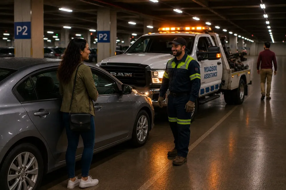 Verified roadside assistance arriving as the woman remains safely beside her gray sedan and the stranger walks away