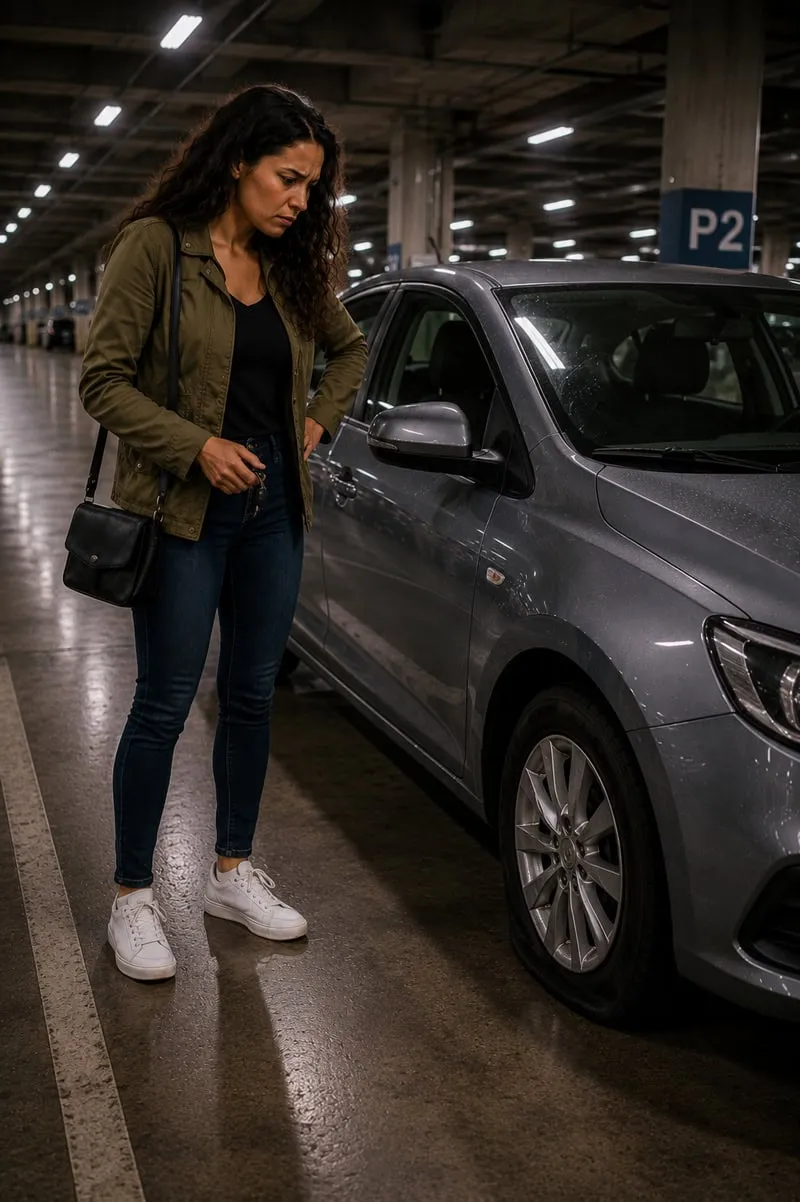 Woman standing beside a gray sedan after discovering a clearly flat rear tire in a parking garage