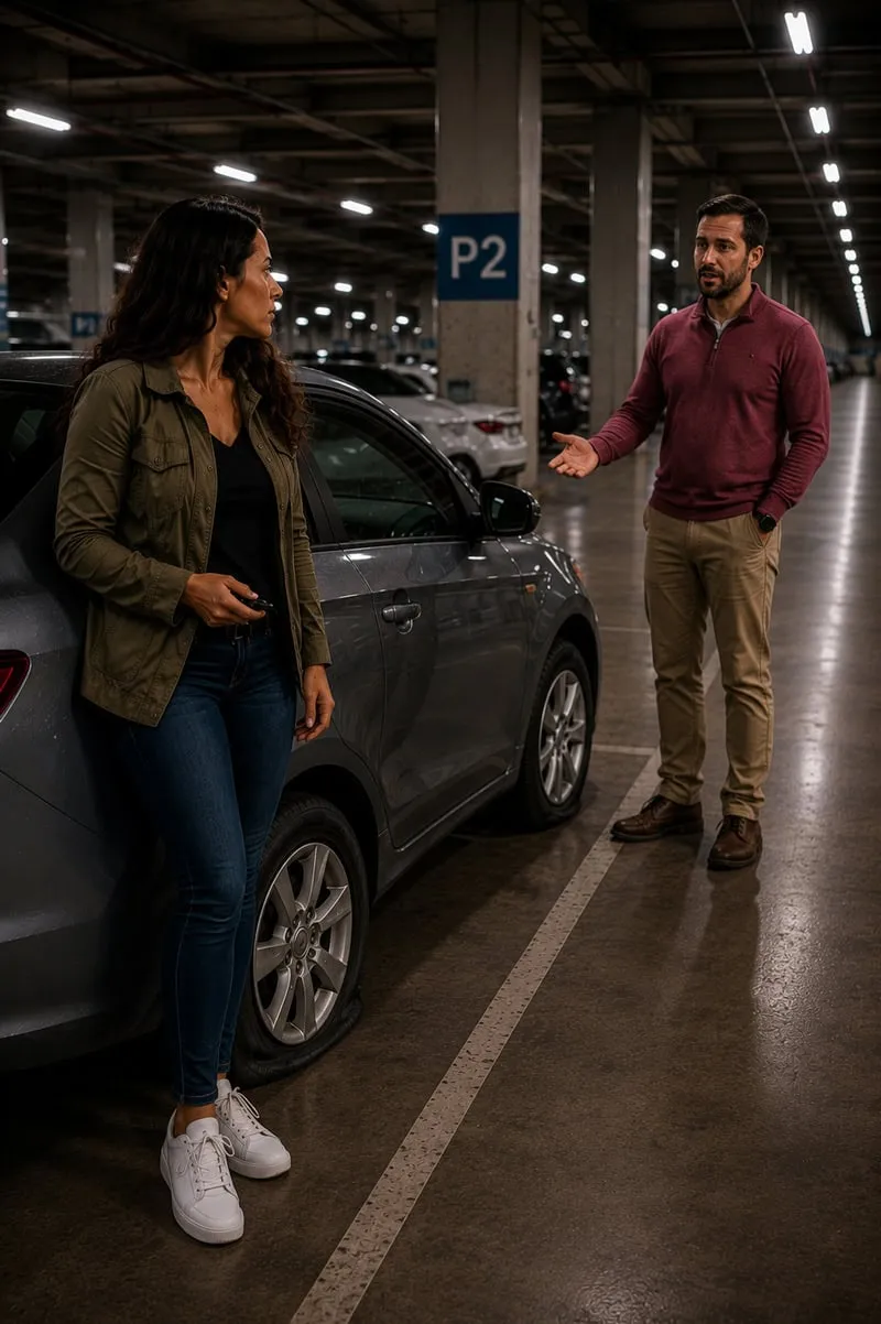 Woman remaining alert beside a gray sedan as a friendly-looking stranger offers help from a distance