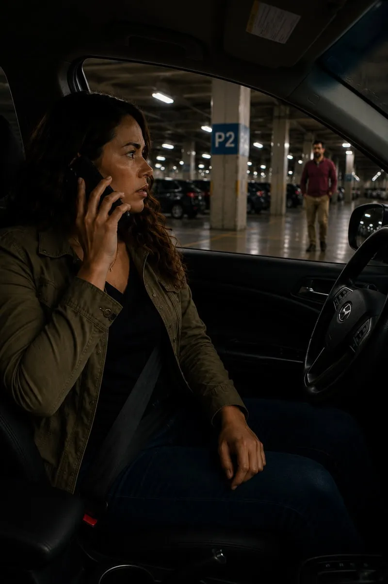 Woman safely inside her locked car calling for assistance while watching the parking garage