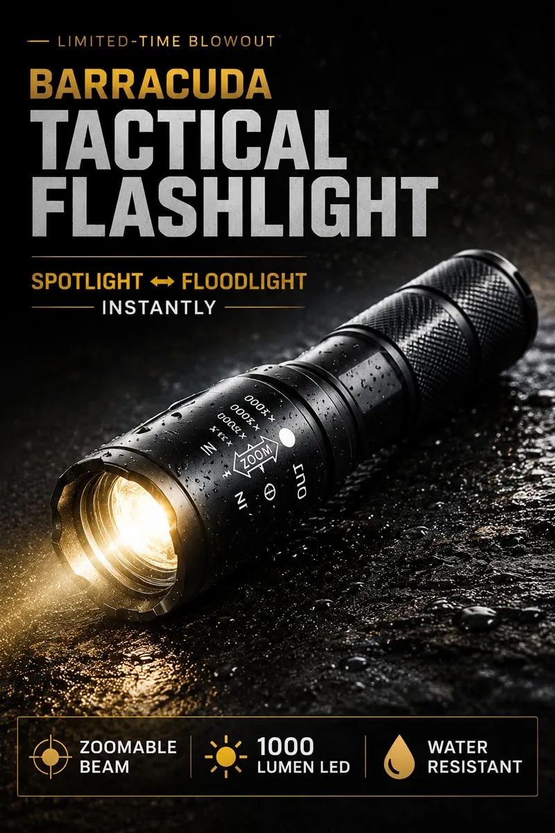 Barracuda flashlight kept within reach for personal safety and vehicle emergencies