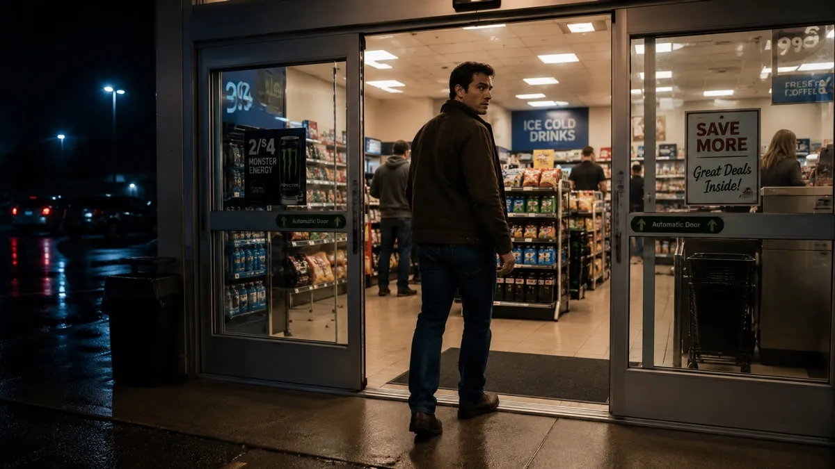 A person entering a brightly lit convenience store from a dark parking lot