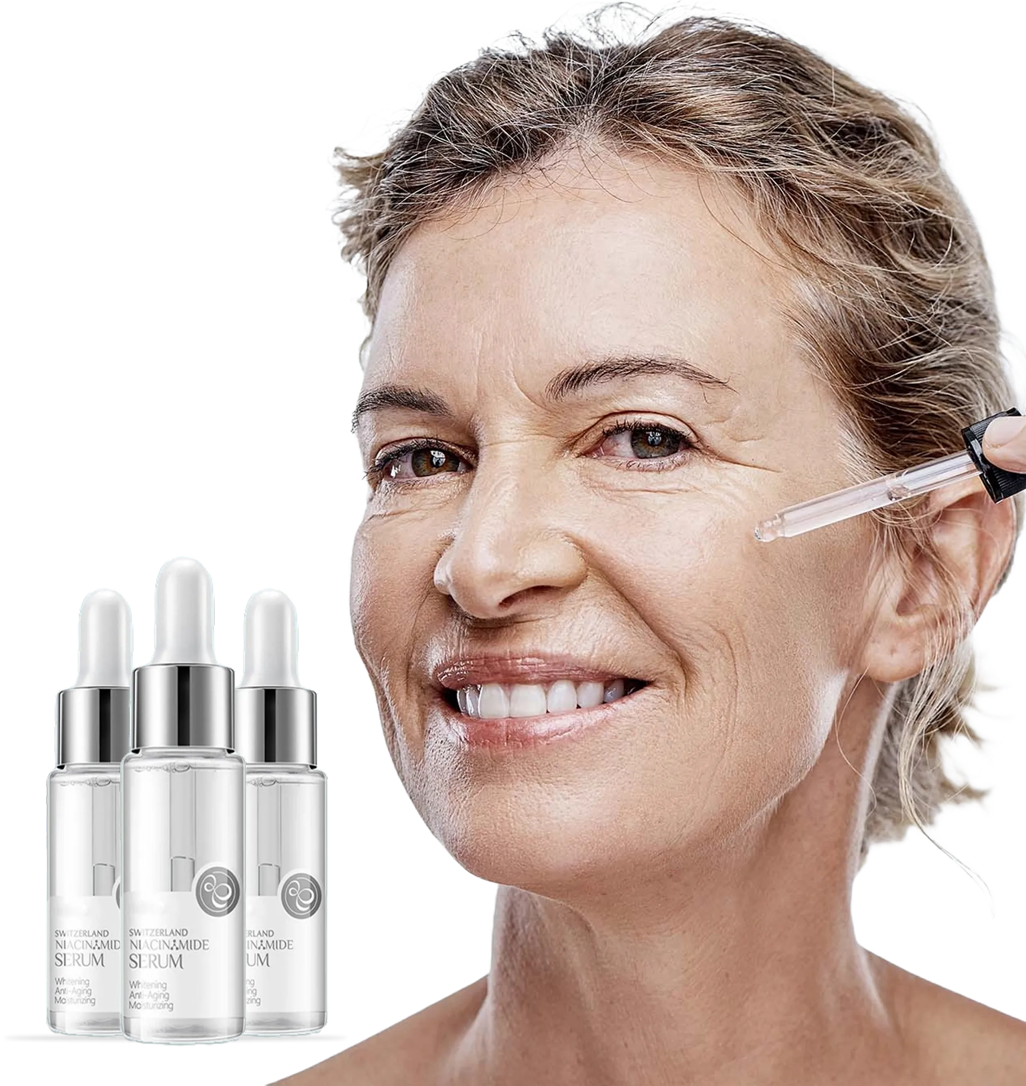 Woman applying serum with dropper and serum bottle
