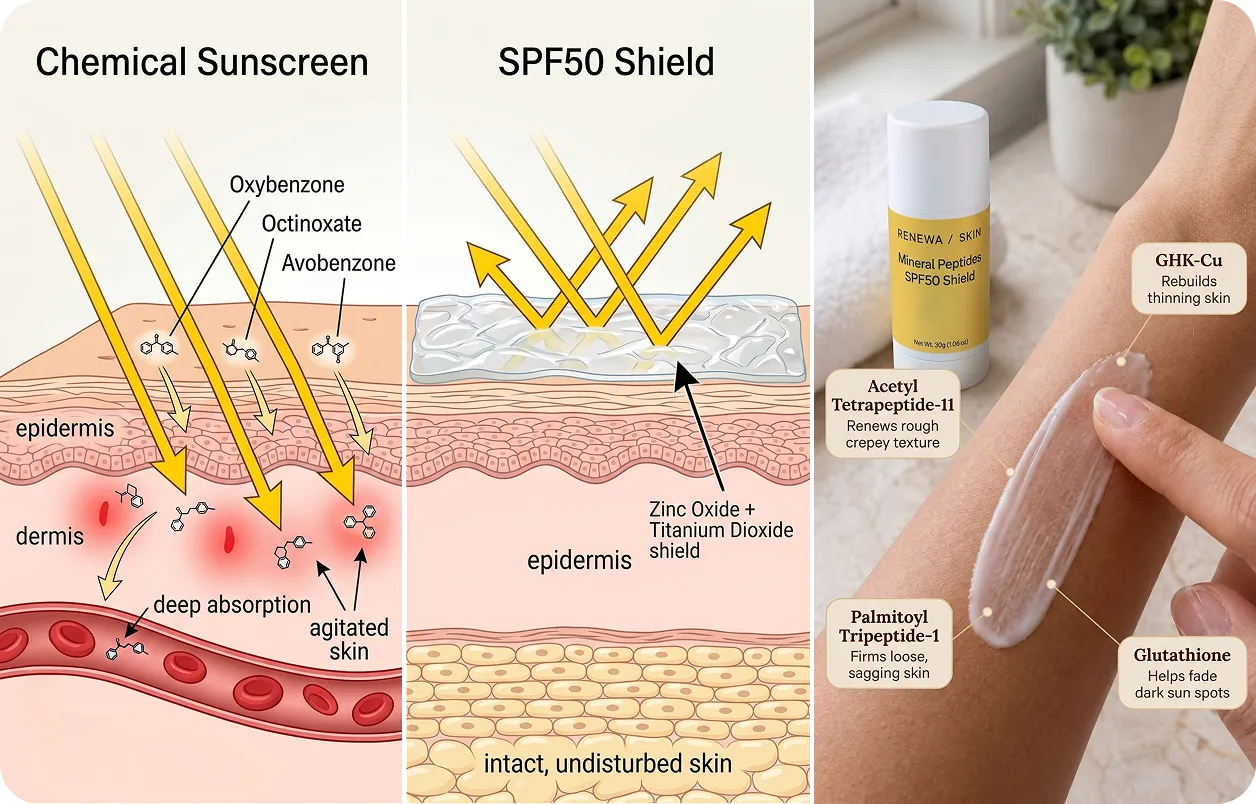 Chemical sunscreen versus SPF50 mineral peptide shield