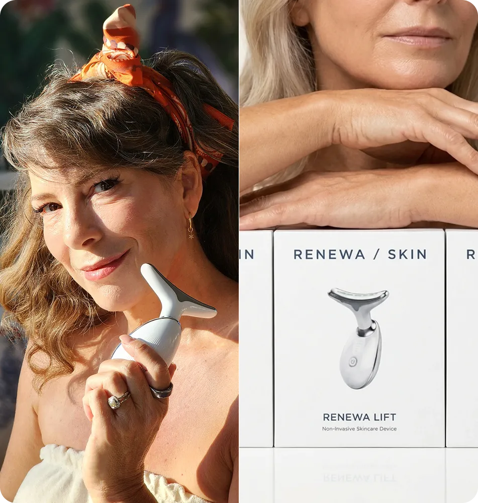 Mature woman holding RenewaLift beside its packaging