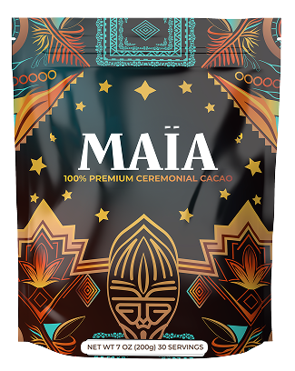 Package of ceremonial cacao with colorful geometric and tribal designs.