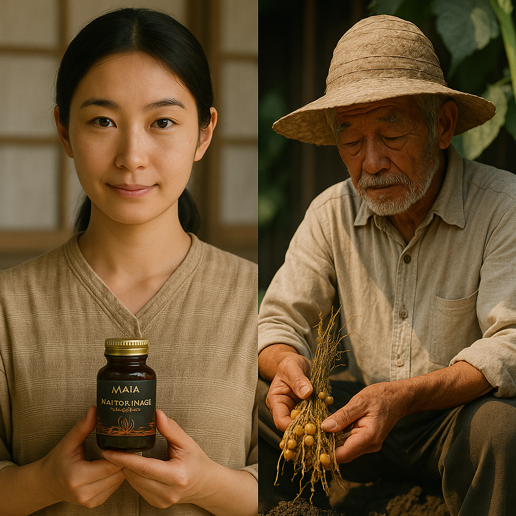A woman holding a Maia chocolate bar; a man working with cocoa beans.