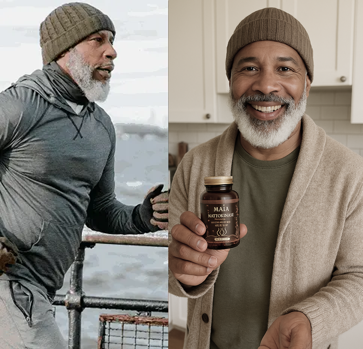 Split image: man jogging outdoors, woman holding a drink and a Maia package indoors.