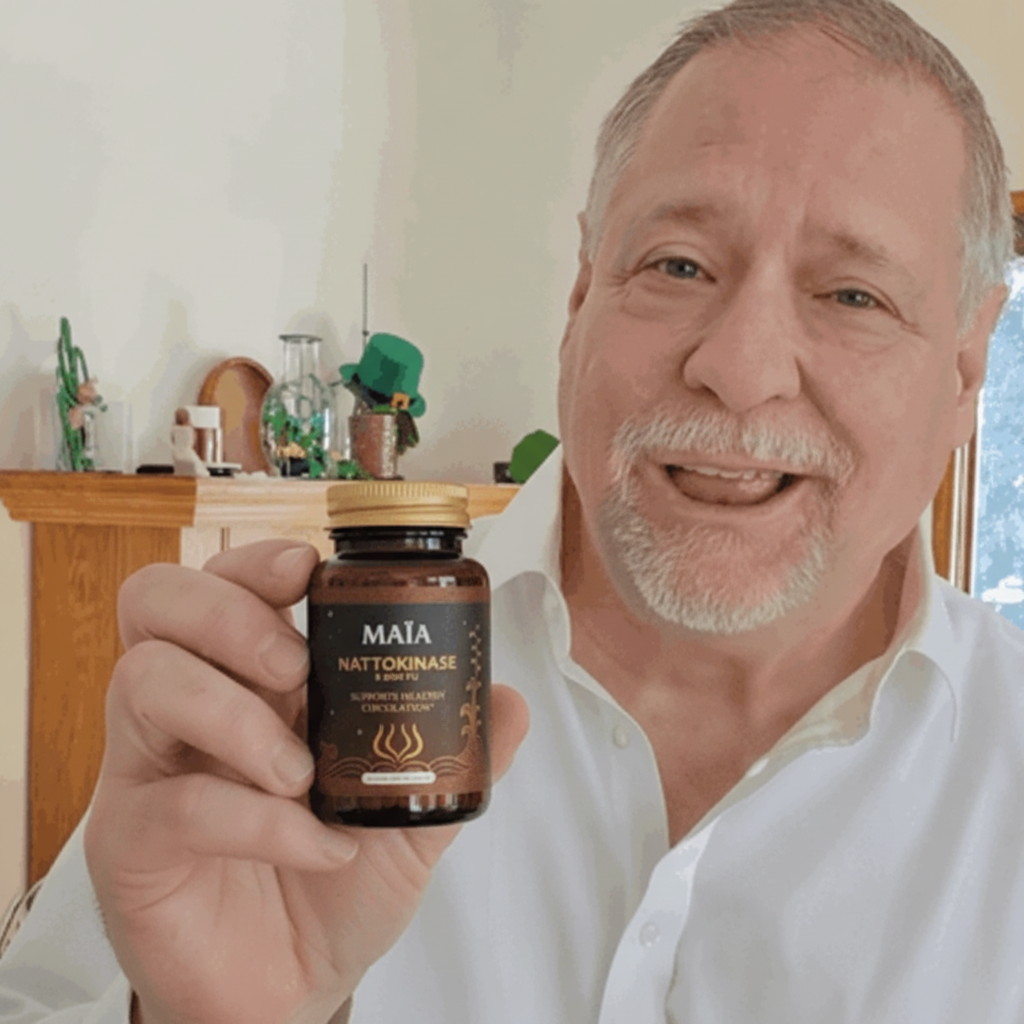 Man holding a bag of MAIA ceremonial cacao, smiling indoors.
