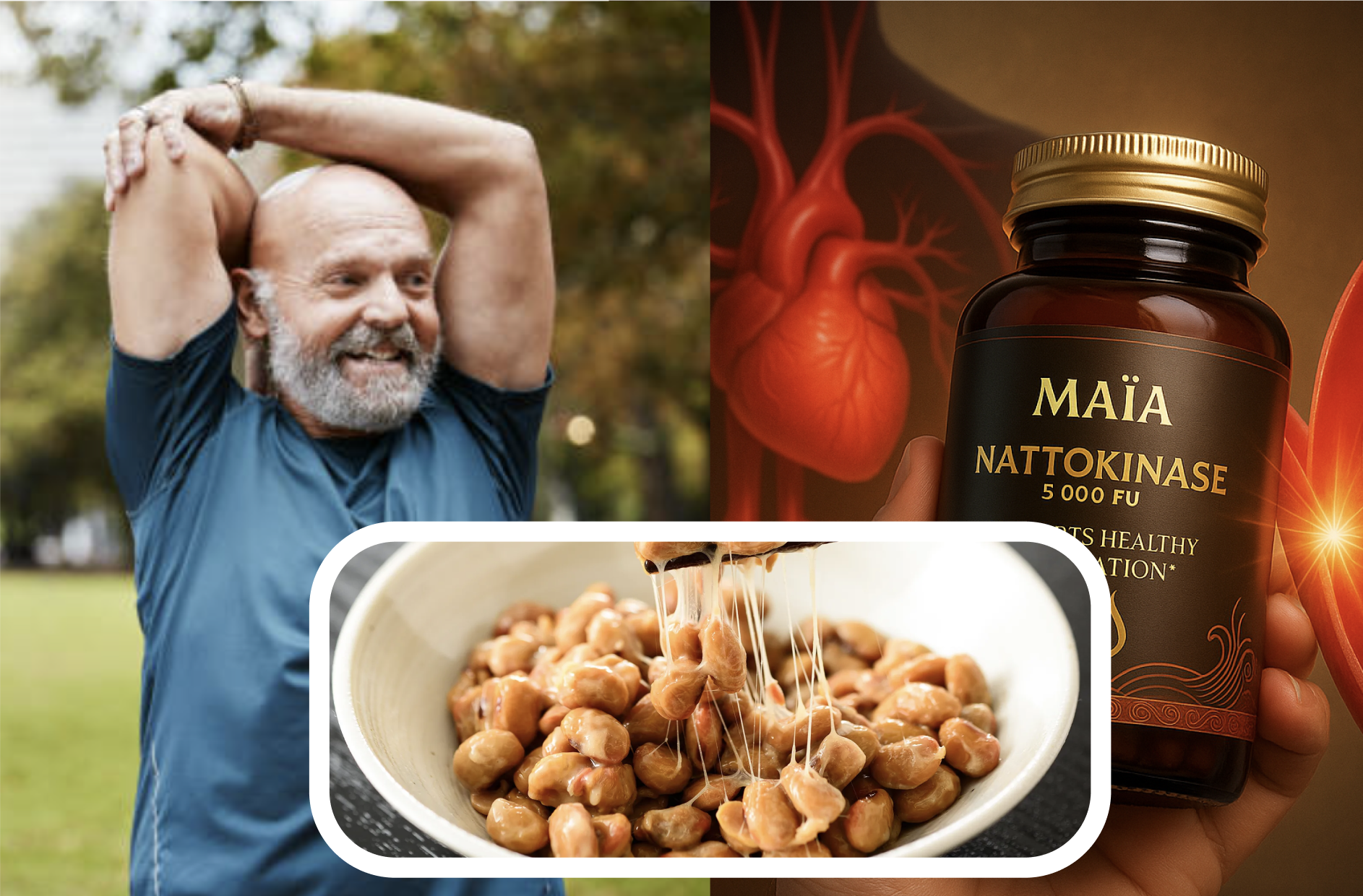 Man stretching outdoors, chocolate pieces, and a cacao package.