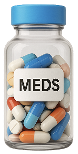 A jar filled with orange capsules.