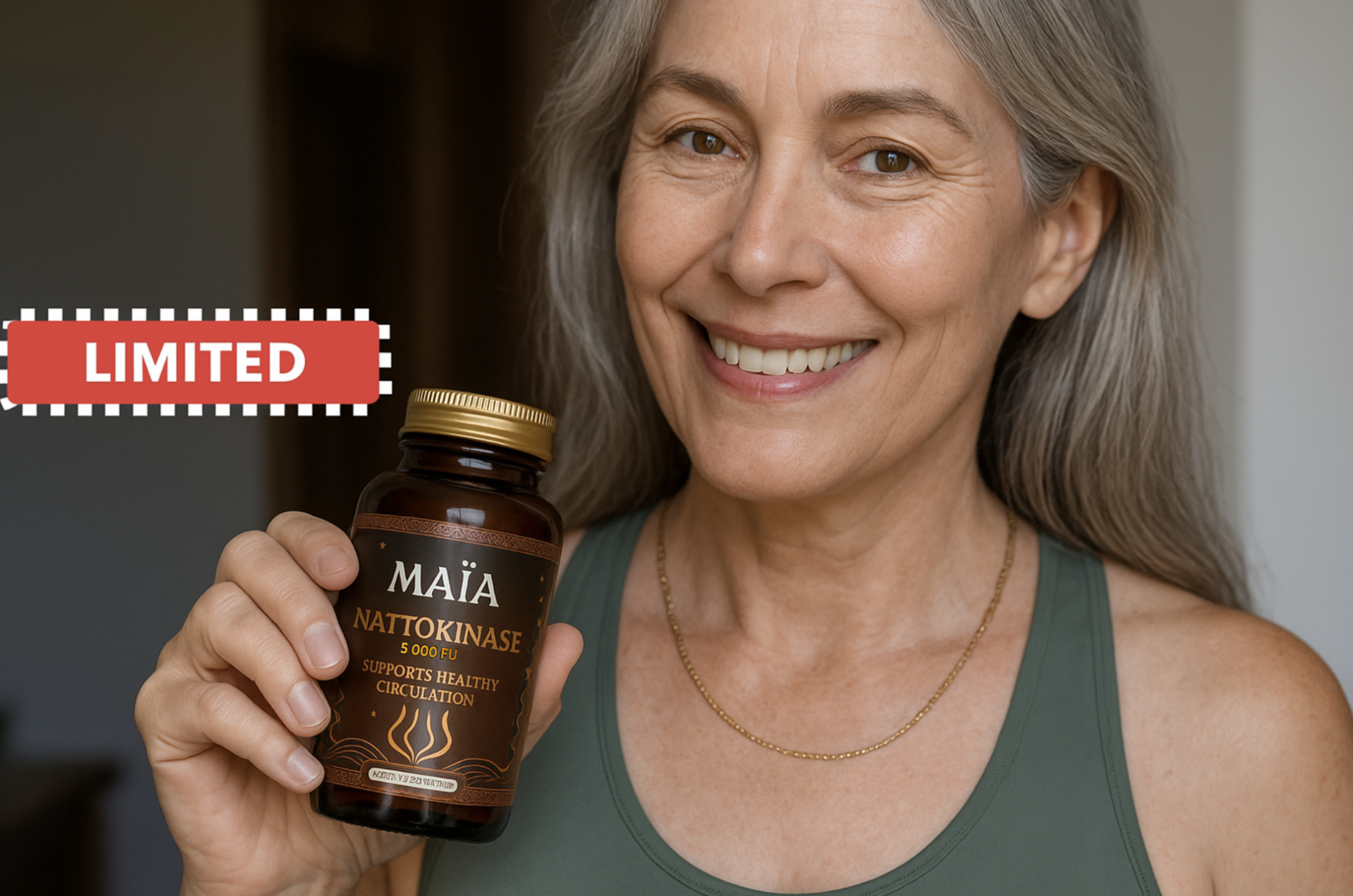 Woman holding a packet of MAÏA cacao and a cup of drink, labeled 'LIMITED.'