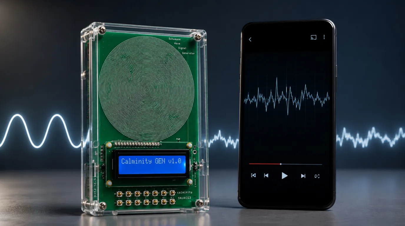 Editorial hero of the Calminity device beside a phone playing a generic frequency video.