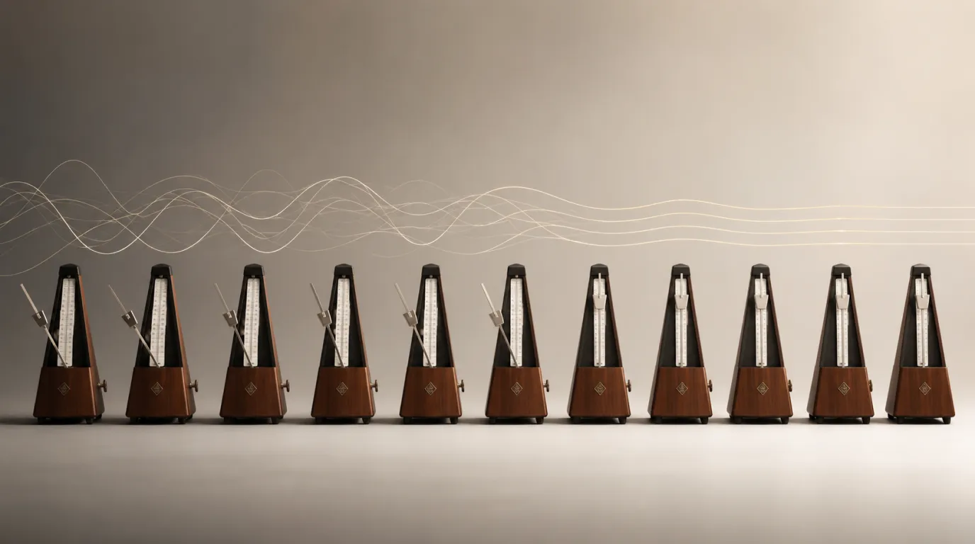 Two pendulum clocks or metronomes, out of sync on the left, gradually moving together on the right. 