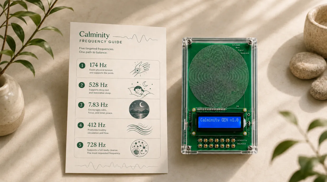 A simple frequency guide spread beside the Calminity device.