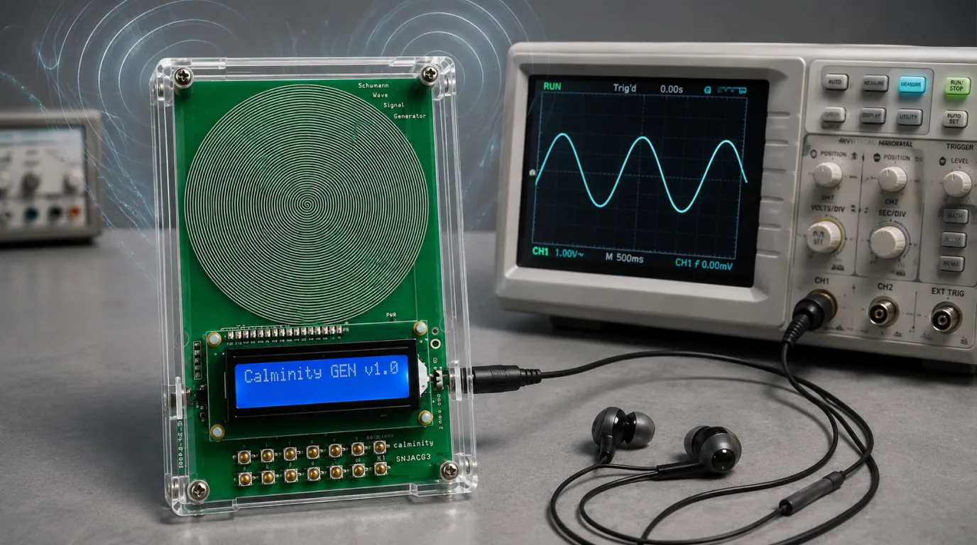 Close-up of the Calminity connected to an oscilloscope showing one clean, stable sine wave.