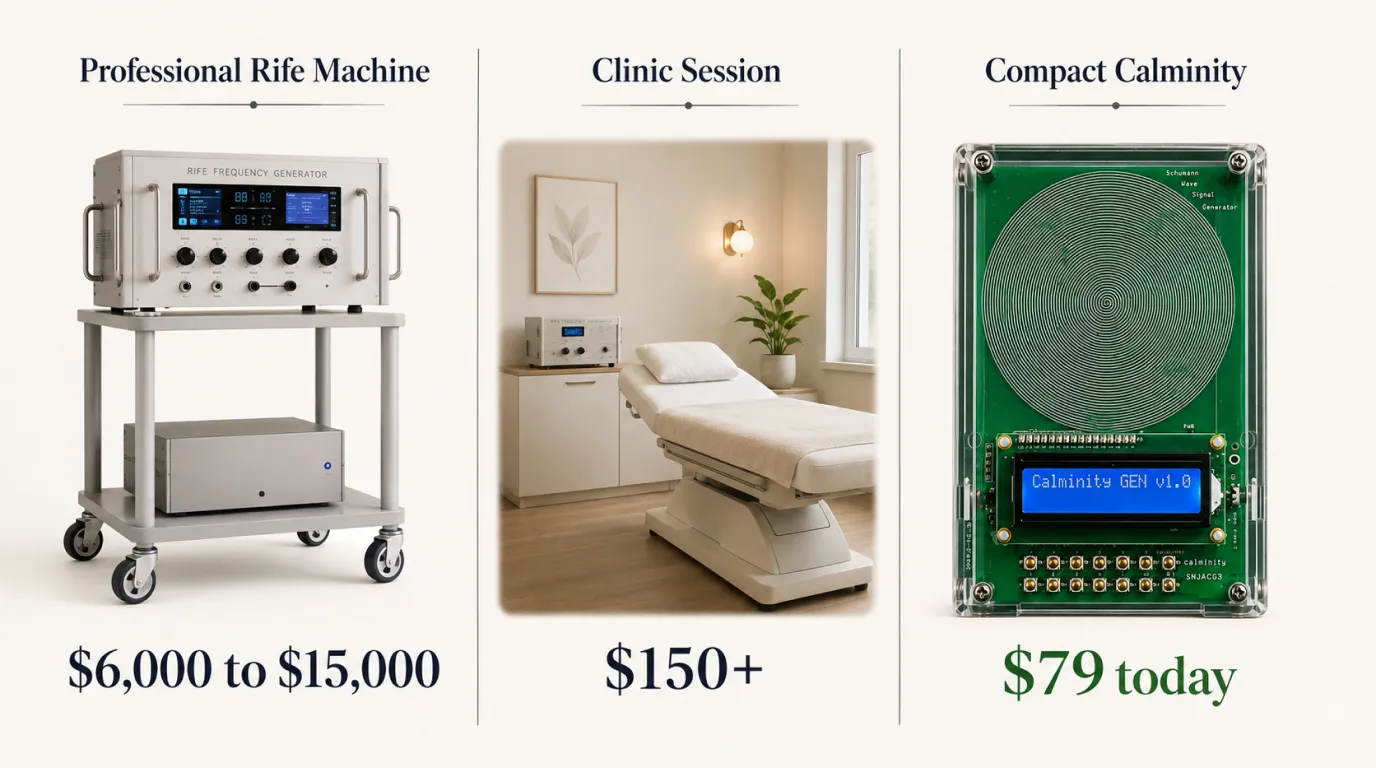 A professional Rife machine labeled $6,000 to $15,000, a clinic session $150+ and the compact Calminity $79 today.
