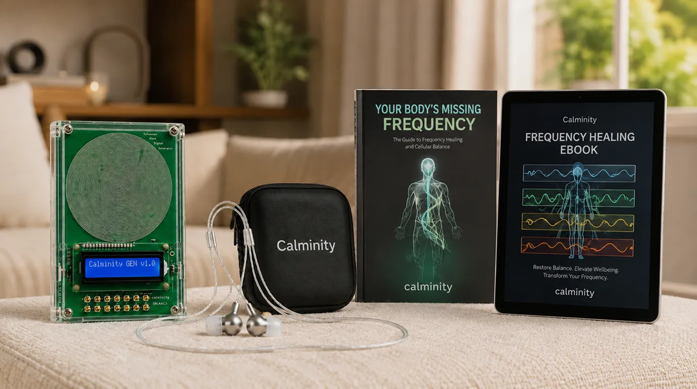 Calminity V2, anti-radiation earphones, protective case, printed Frequency Healing Guide, and eBook