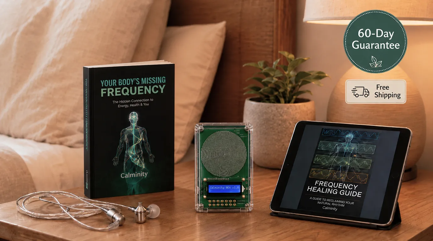  Calminity V2, anti-radiation earphones, protective case, printed Frequency Healing Guide, and eBook