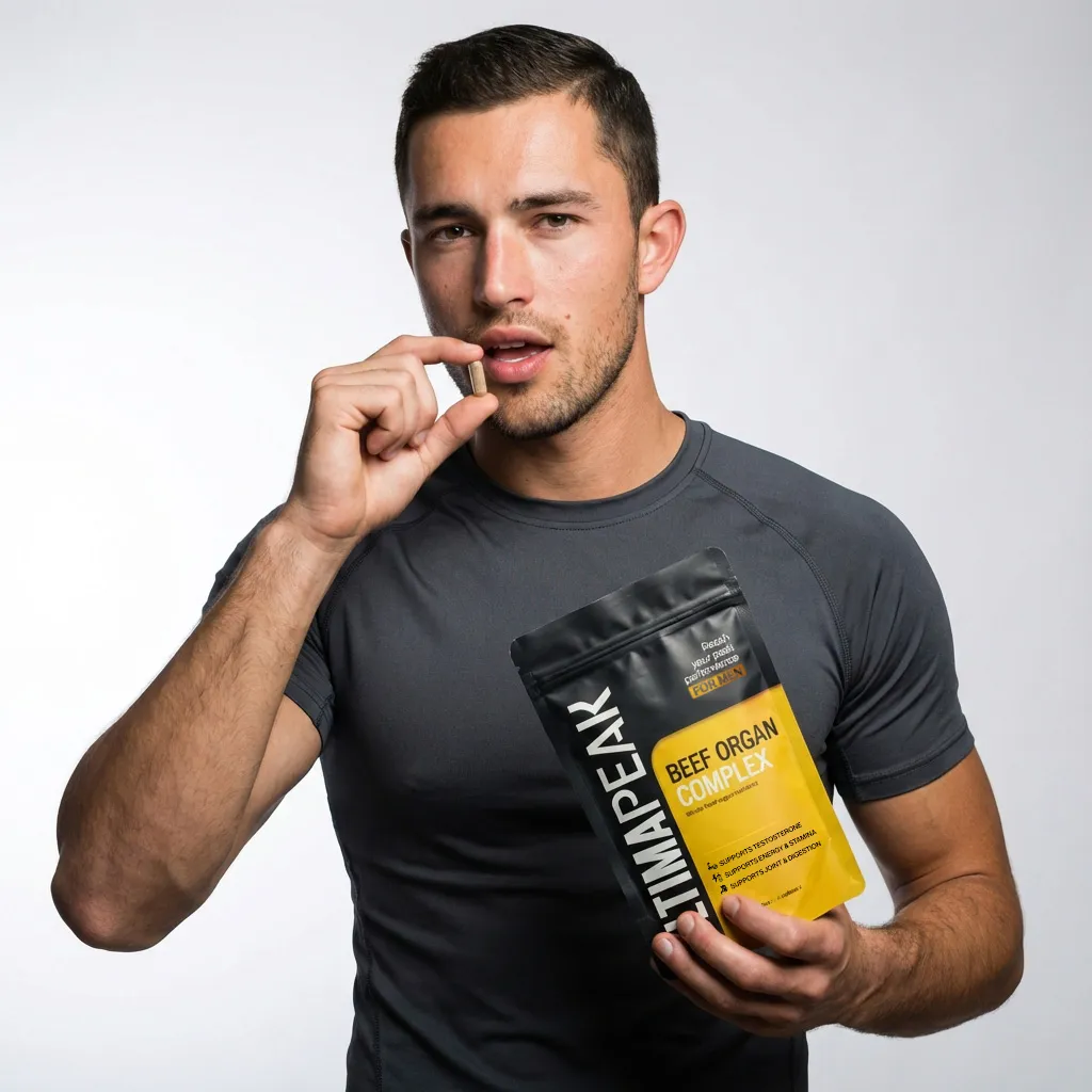Man holding ULTIMAPEAK BEEF ORGAN COMPLEX product