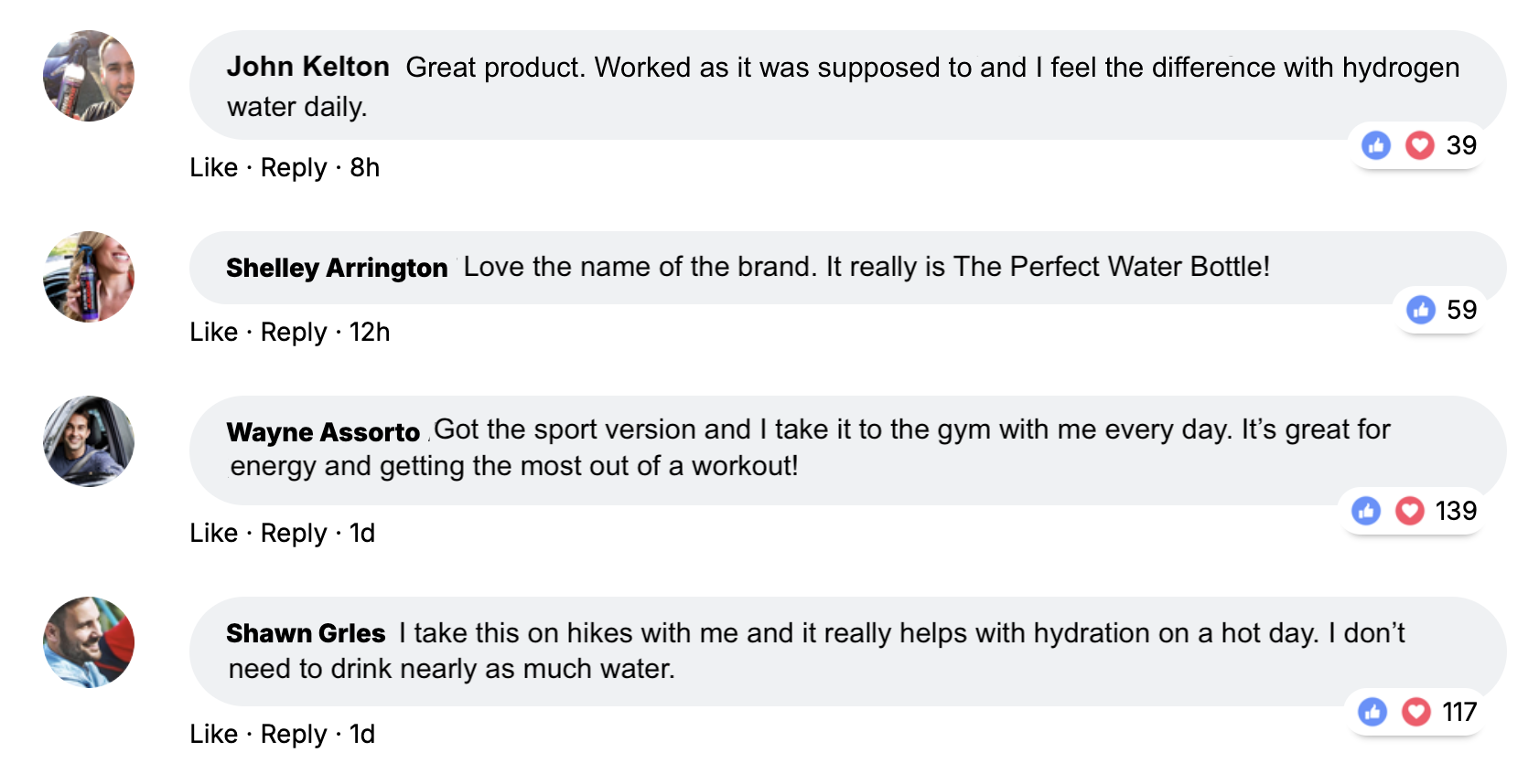 Comment section with users praising a water bottle for hydration benefits.