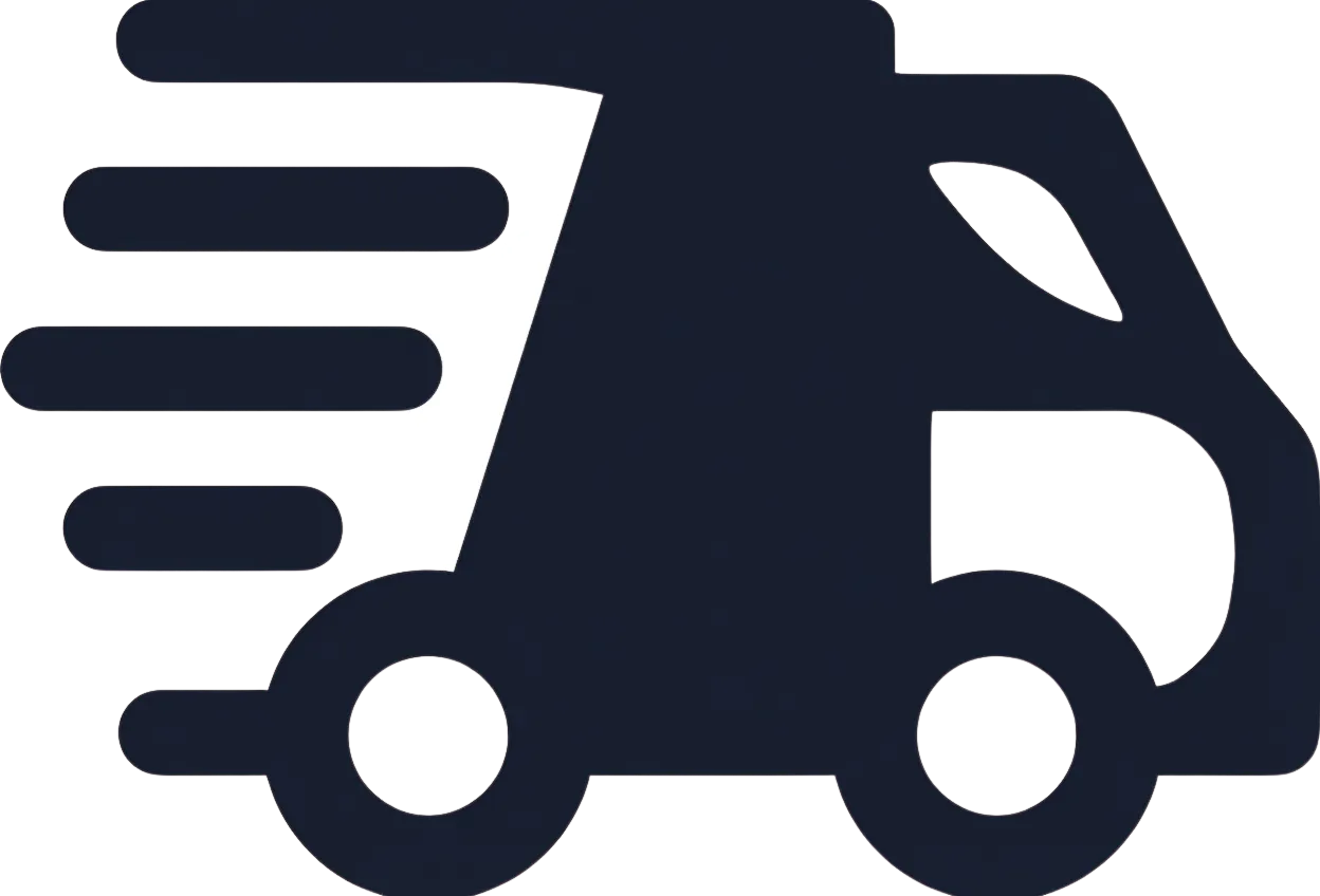A stylized, brown delivery van icon with motion lines.