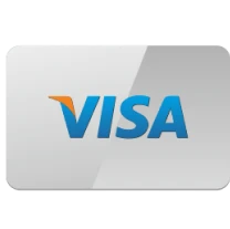 Visa logo with blue text and an orange accent on a gray background.