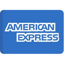 American Express logo in white text on a blue background.