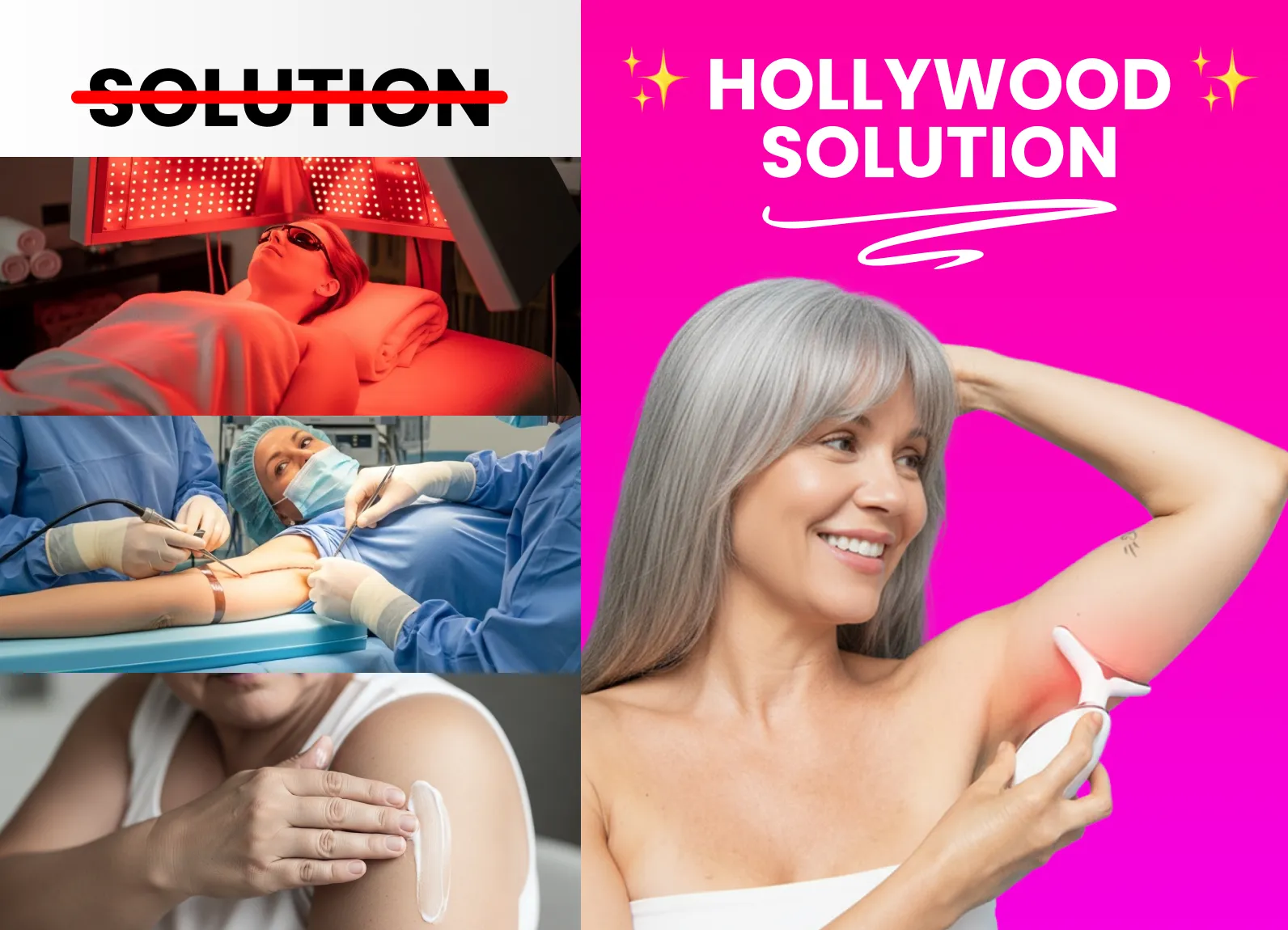 Woman lying in bed looking worried with products on nightstand