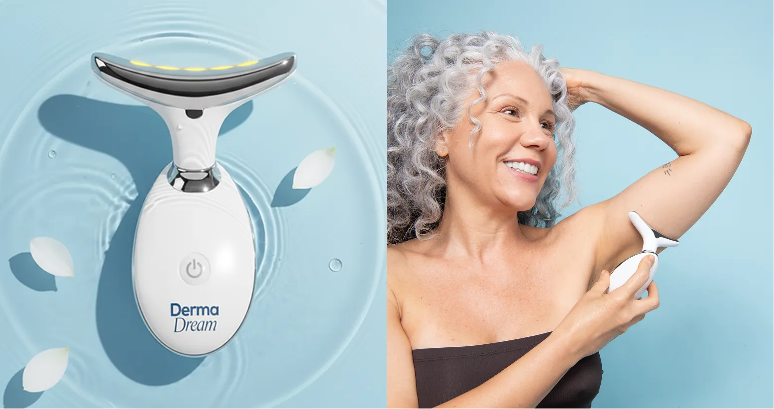 Woman lying in bed looking worried with products on nightstand