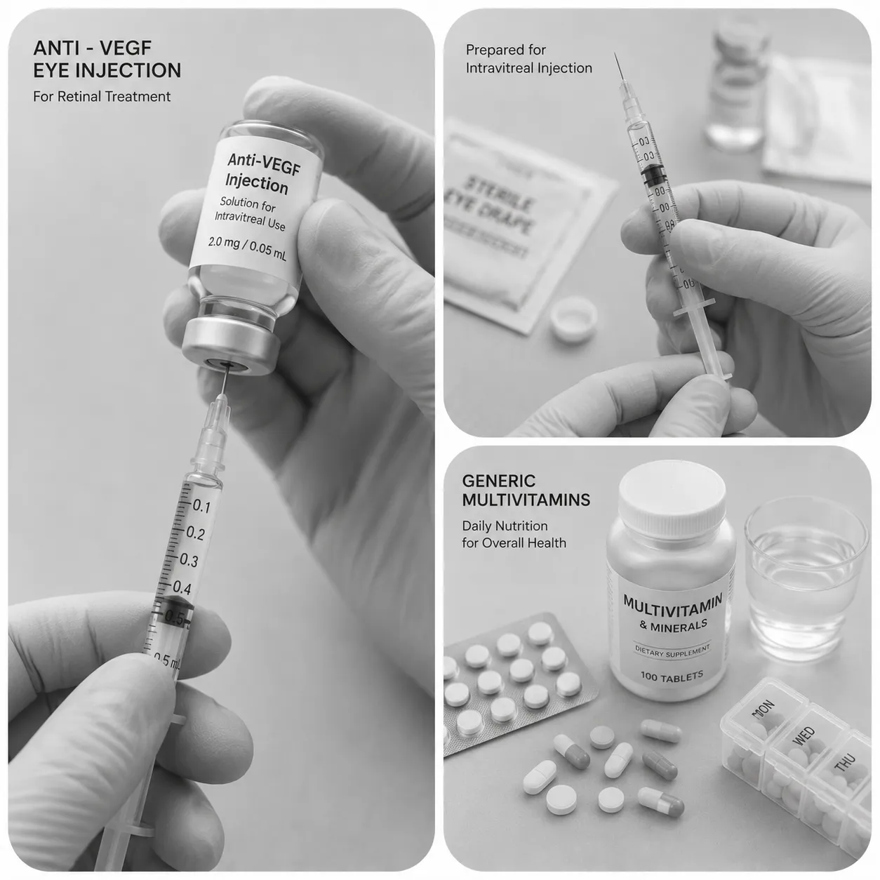 Black-and-white collage of weight-loss injections and medication