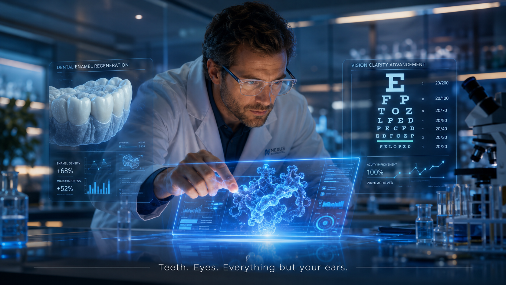 A medical researcher surrounded by advances in dental enamel and vision science