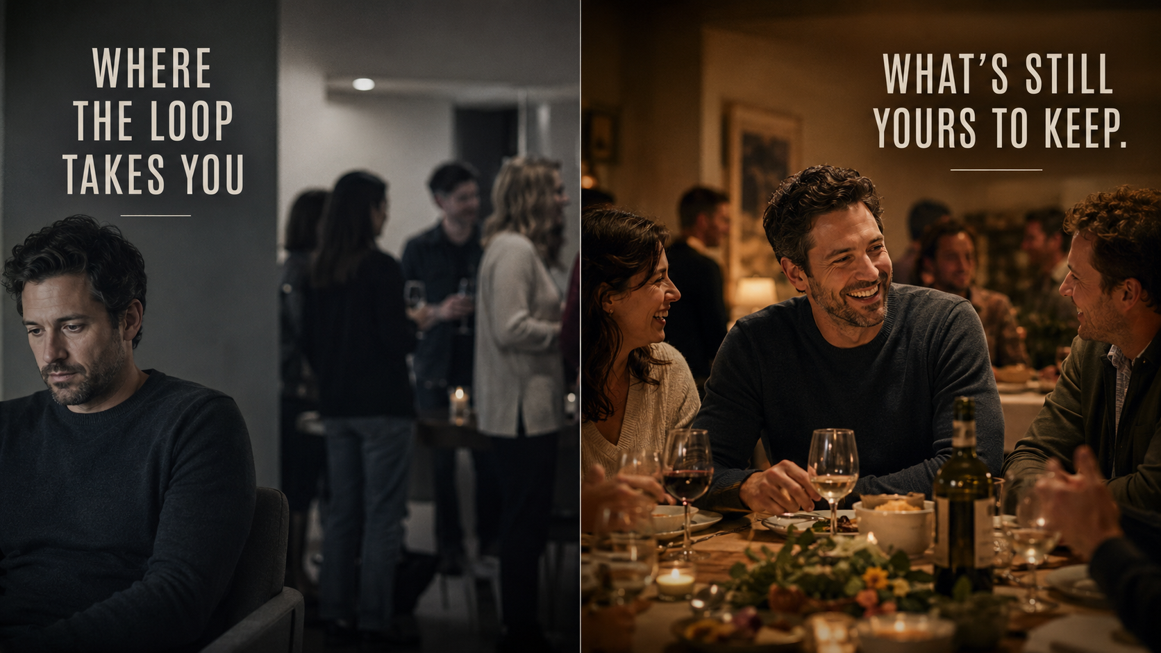 Split scene contrasting social withdrawal with staying present at the dinner table