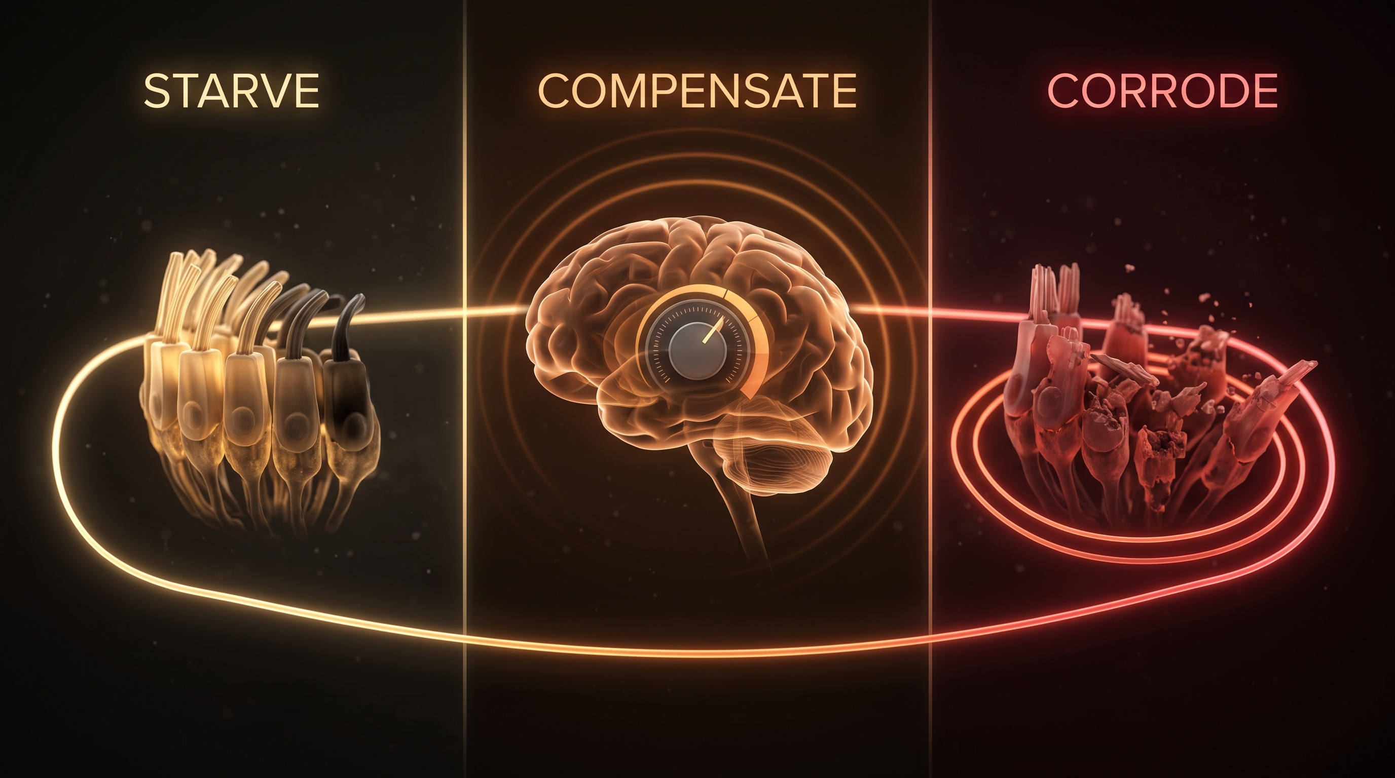 Three-panel diagram of the Starve, Compensate and Corrode loop