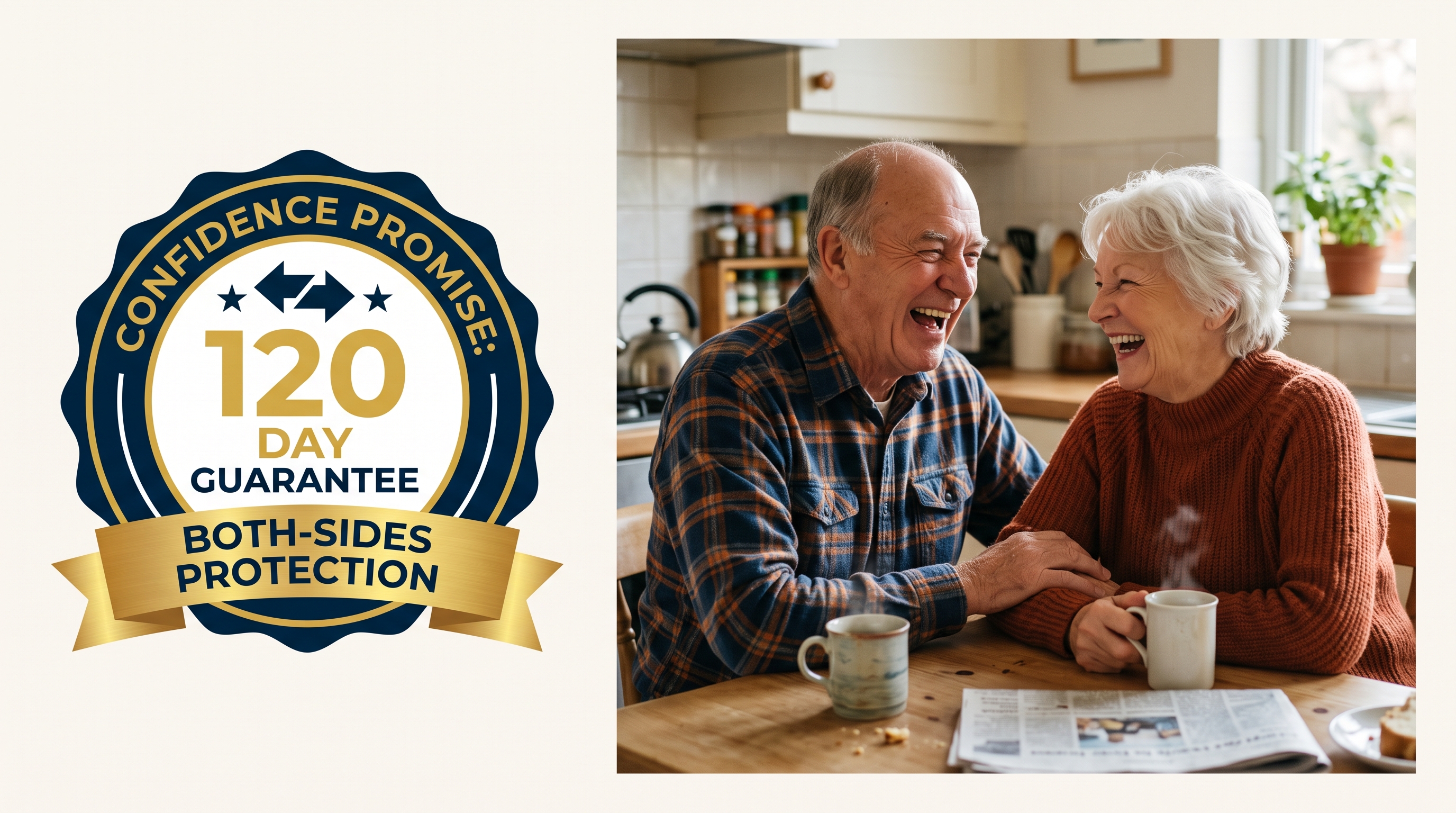 120-day Both-Sides Protection badge beside an older couple laughing together