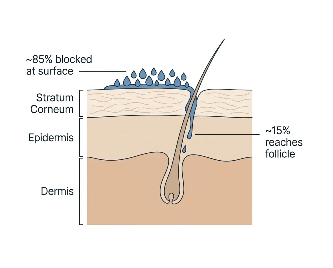 Cross-section diagram: 85% of topical actives stay at the skin surface, 15% reach the follicle