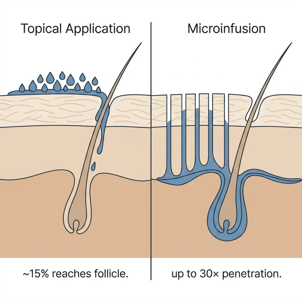 Two-panel comparison: topical application (85% blocked) vs microinfusion (peptides reaching follicle via microchannels)