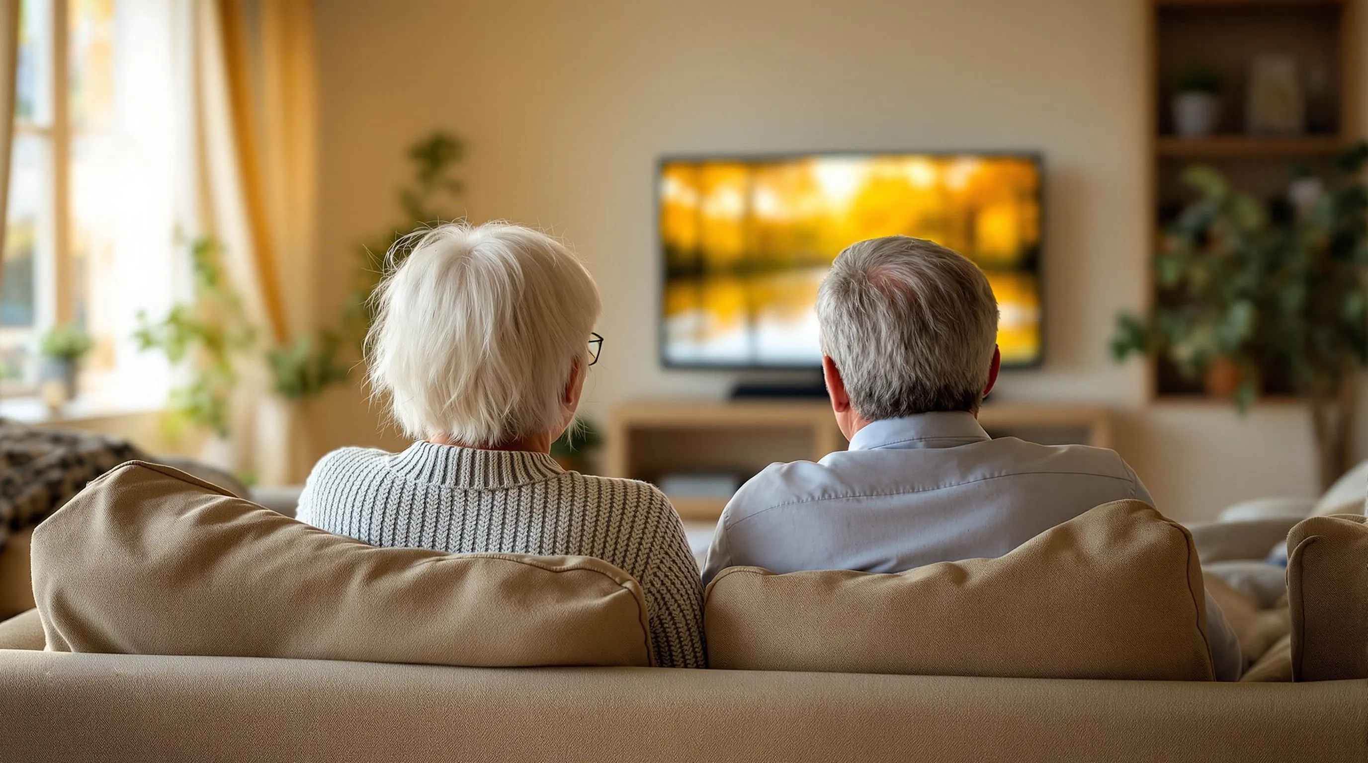 Couple de retraités heureux devant leur TV