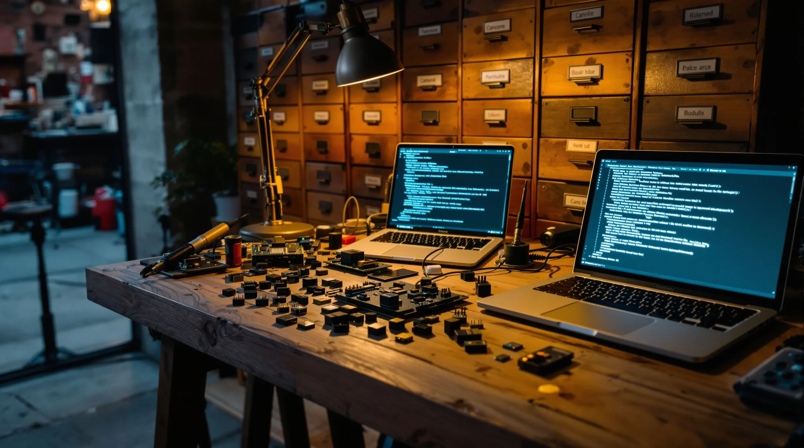 Atelier de Thomas avec composants électroniques