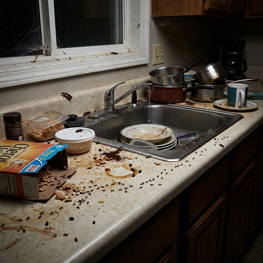 Dirty kitchen sink with pest activity